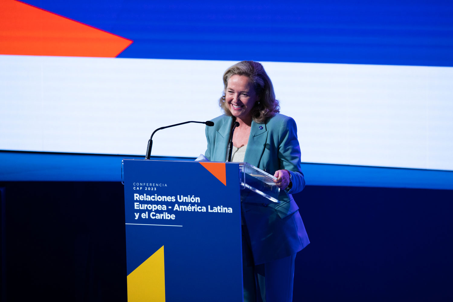 Nadia Calviño, vicepresidenta primera y ministra de Asuntos Económicos y Transformación Digital de España, durante la Conferencia CAF en Europa 2023.