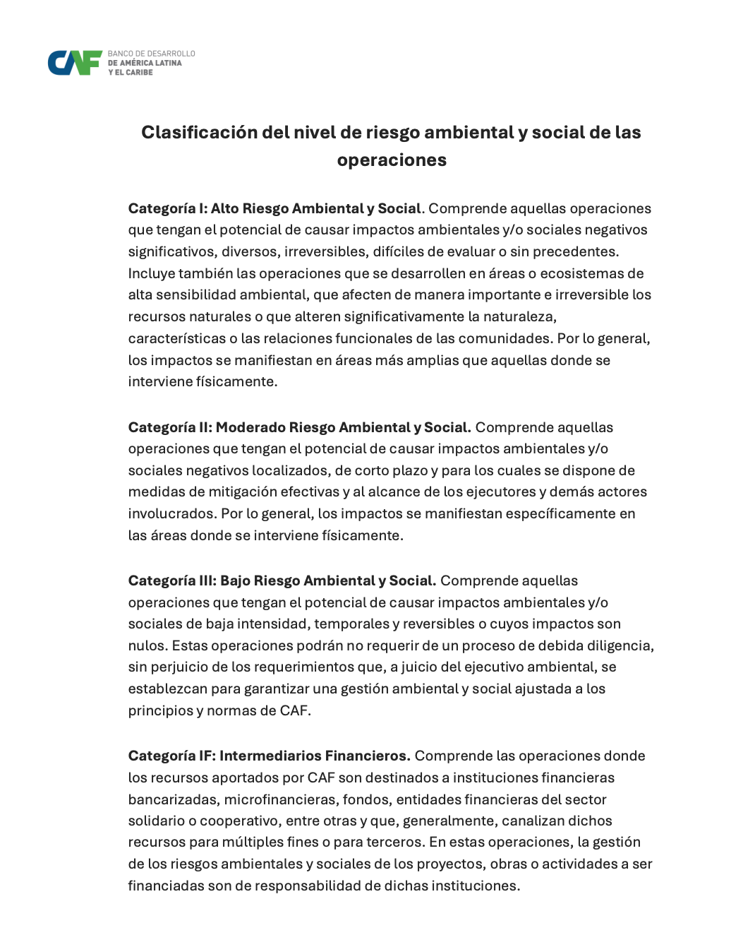 Social and Environmental Risk Categories 