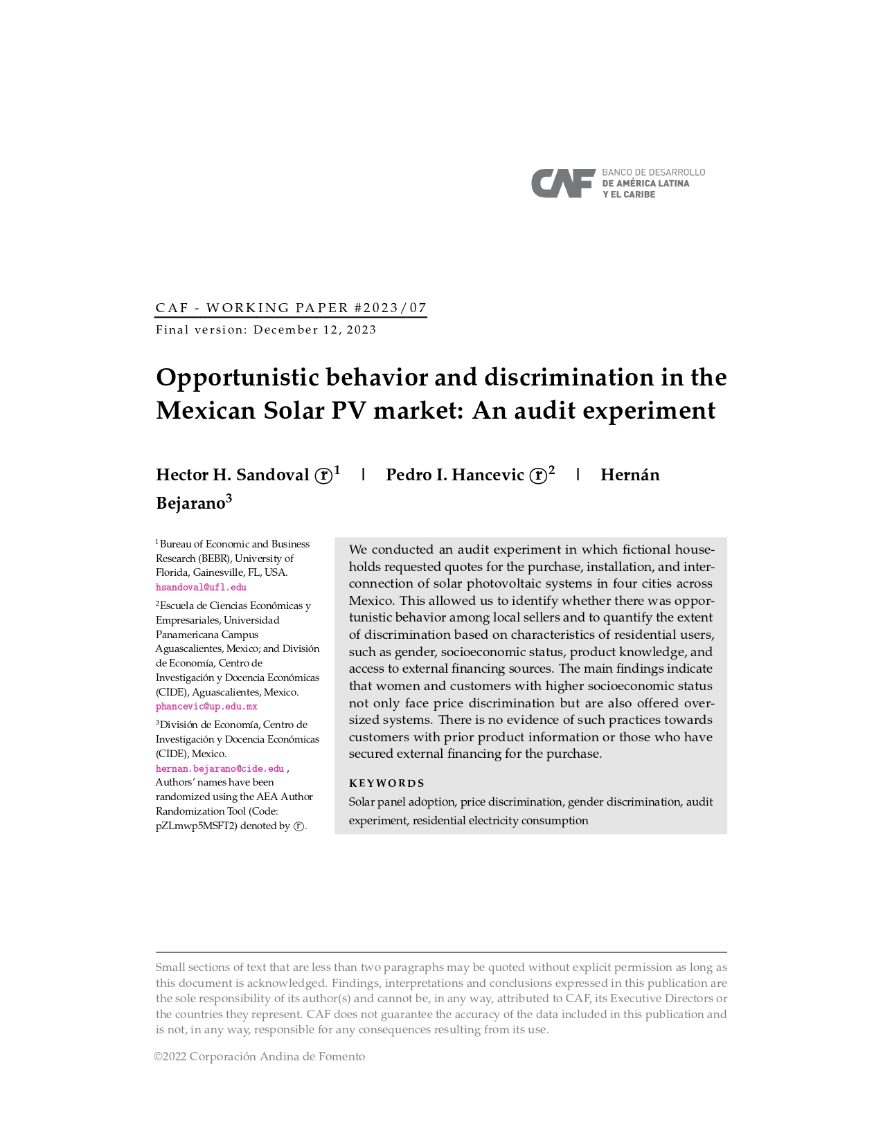 Opportunistic behavior and discrimination in the Mexican Solar PV market: An audit experiment