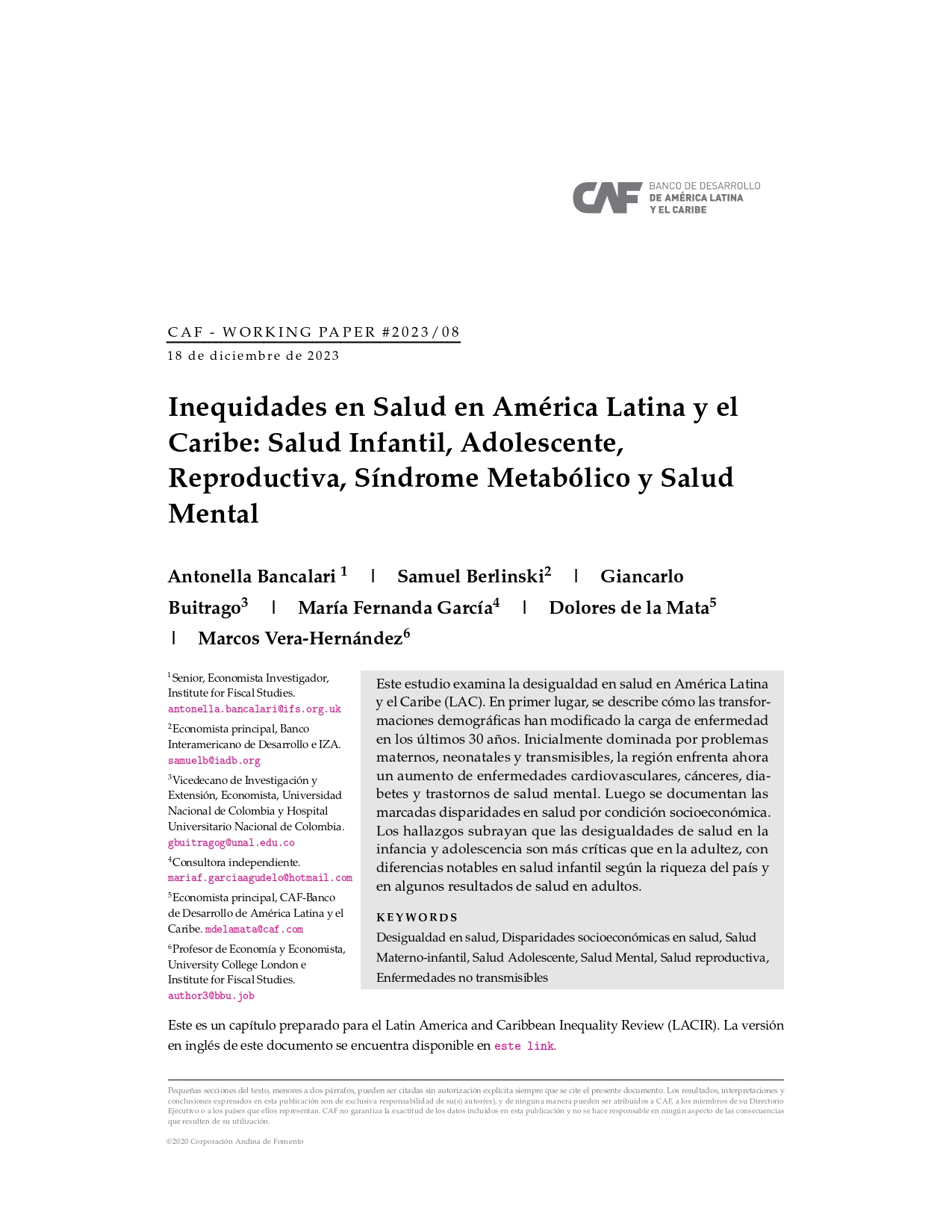 Inequidades en Salud en América Latina y el Caribe: Salud Infantil, Adolescente, Reproductiva, Síndrome Metabólico y Salud Mental