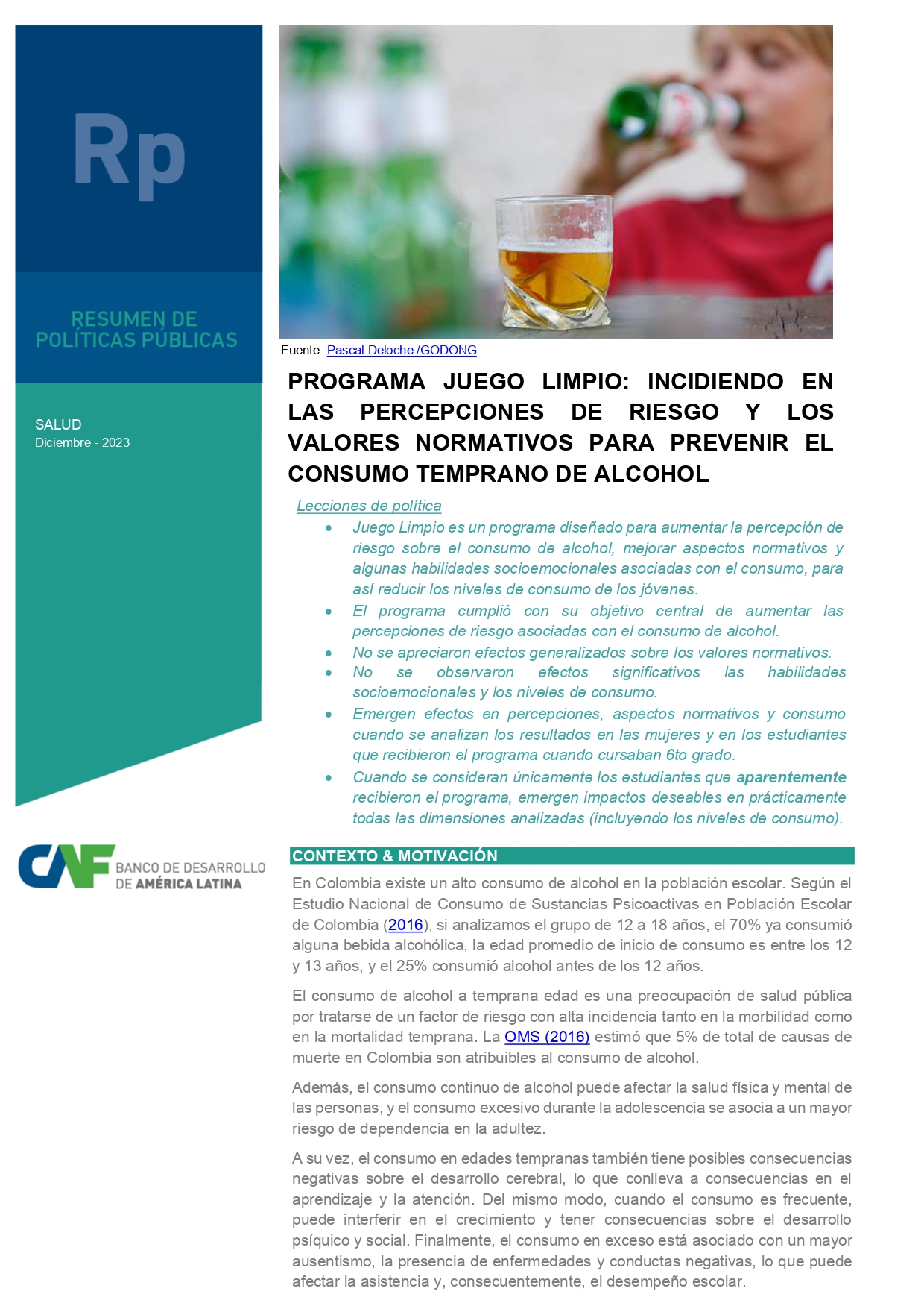 Programa Juego Limpio: incidiendo en las percepciones de riesgo y los valores normativos para prevenir el consumo temprano de alcohol